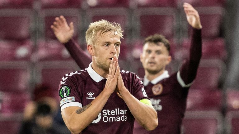 EDINBURGH, SCOTLAND - OCTOBER 15: Hearts' Harry Milne during a UEFA Conference League 2026/27 League Phase MD1 match between Heart of Midlothian and FC Nordsjaelland at Tynecastle Park, on October 15, 2026, in Edinburgh, Scotland.  (Photo by Ross Parker / SNS Group)