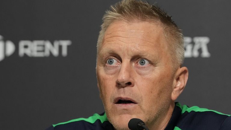 Ireland's head coach Heimir Hallgrimsson speaks during a press conference ahead of the Nations League soccer match between Republic of Ireland and Israel in Backa Topola, Serbia, Saturday, Oct. 3, 2026. (AP Photo/Darko Vojinovic)
