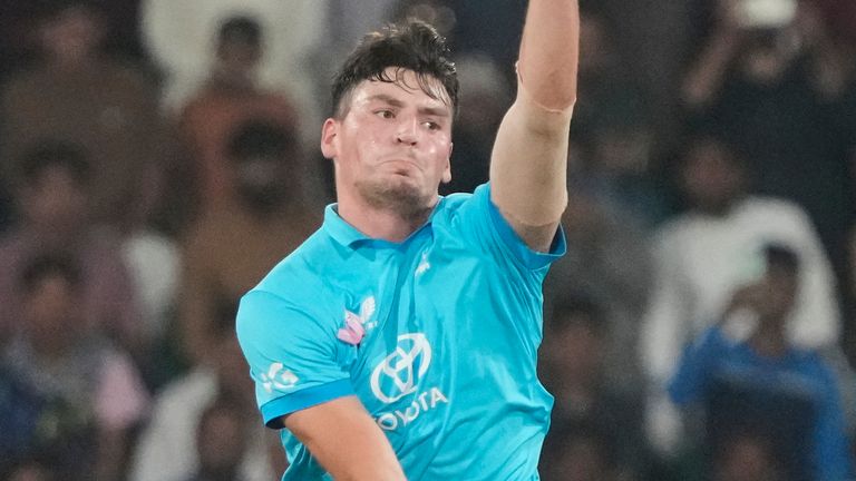 England's Henry Crocombe bowls during his ODI debut (Associated Press)