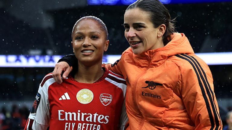 LONDON, ENGLAND - OCTOBER 24: Taylor Hinds of Arsenal and Renee Slegers, Manager of Arsenal, talk after the Barclays Women's Super League 2026/27 match between Tottenham Hotspur and Arsenal FC at Tottenham Hotspur Stadium on October 24, 2026 in Londo