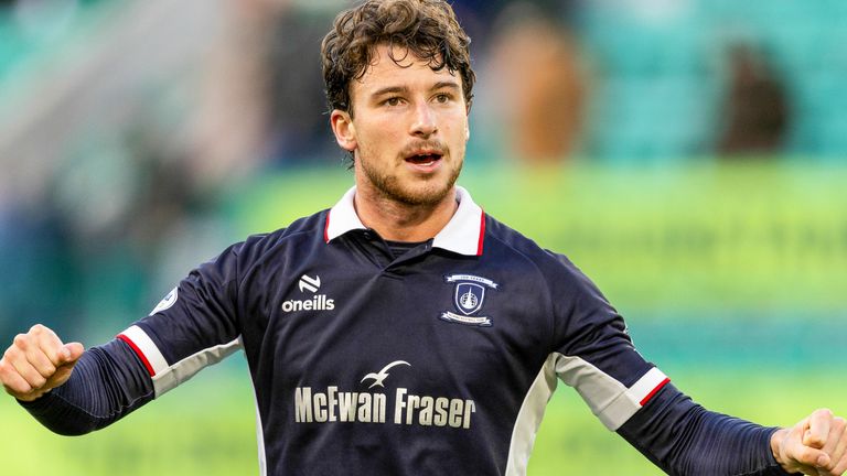 EDINBURGH, SCOTLAND - OCTOBER 17: Falkirk's Jacob Murrell celebrates at full time during a William Hill Premiership match between Hibernian and Falkirk at Easter Road Stadium, on October 17, 2026, in Edinburgh, Scotland. (Photo by Ross Parker / SNS Group)
