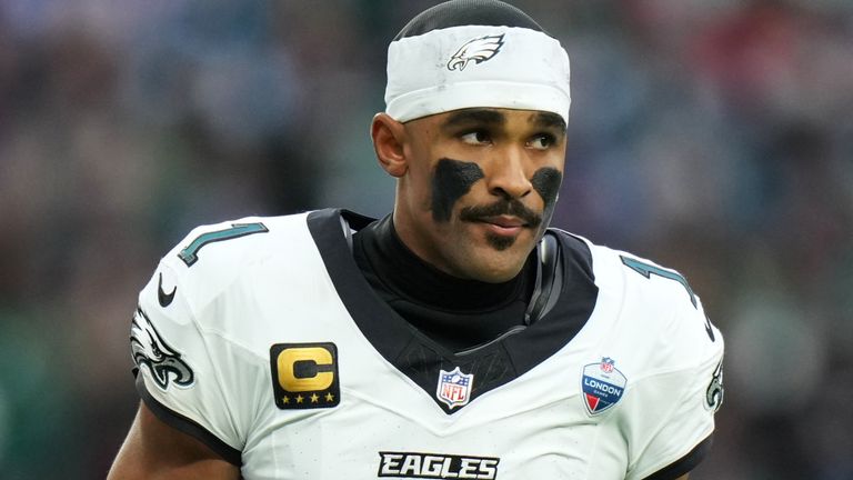 Philadelphia Eagles quarterback Jalen Hurts (1) stands on the field during an NFL football game against Jacksonville Jaguars in London, Sunday, Oct. 11, 2026. (AP Photo/Alastair Grant)