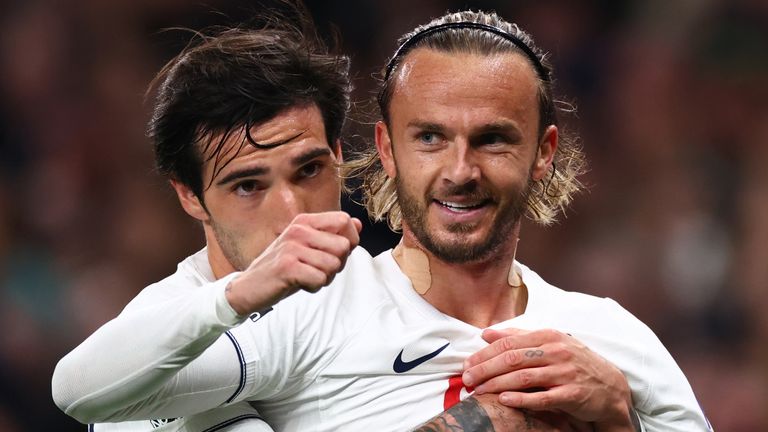 James Maddison celebrates scoring for Spurs against Coventry