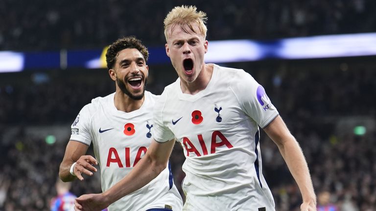Jan Paul van Hecke celebrates after doubling Spurs' lead against Crystal Palace