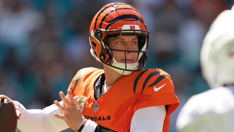 Cincinnati Bengals quarterback Joe Burrow (9) aims a pass during the first half of an NFL football game against the Miami Dolphins in Miami Gardens, Fla., Sunday, Oct. 11, 2026. (AP Photo/Rebecca Blackwell)