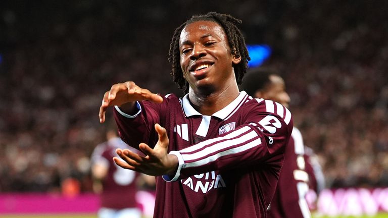 Johan Manzambi celebrates scoring Villa's opener