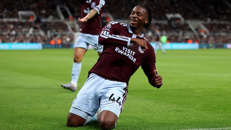Johan Manzambi celebrates after giving Aston Villa the lead at Newcastle