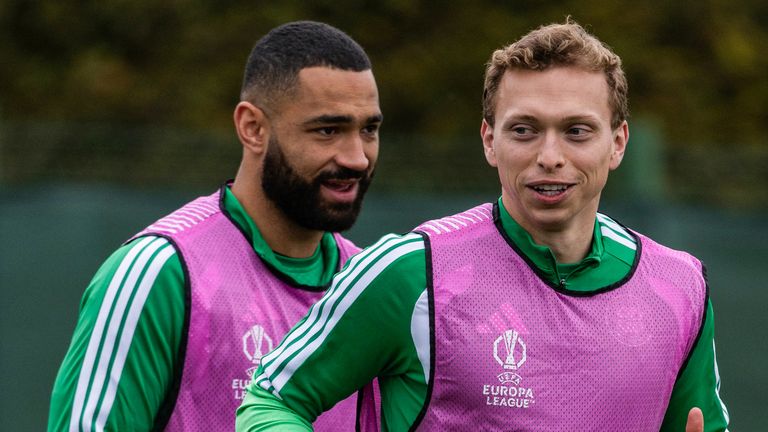 GLASGOW, SCOTLAND - OCTOBER 21: Alistair Johnston (R) and Cameron Carter-Vickers (L) during a Celtic MD-1 training session at the Lennoxtown Training Centre, on October 21, 2026, in Glasgow, Scotland. (Photo by Craig Williamson / SNS Group)
