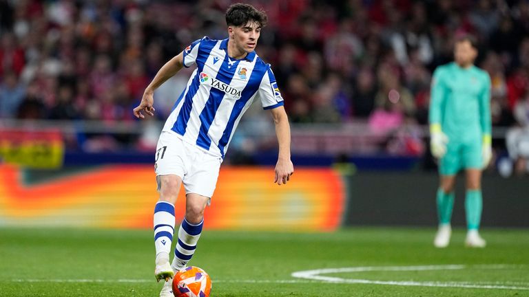 Jon Martin of Real Sociedad in LaLiga action against Atletico Madrid in 2025