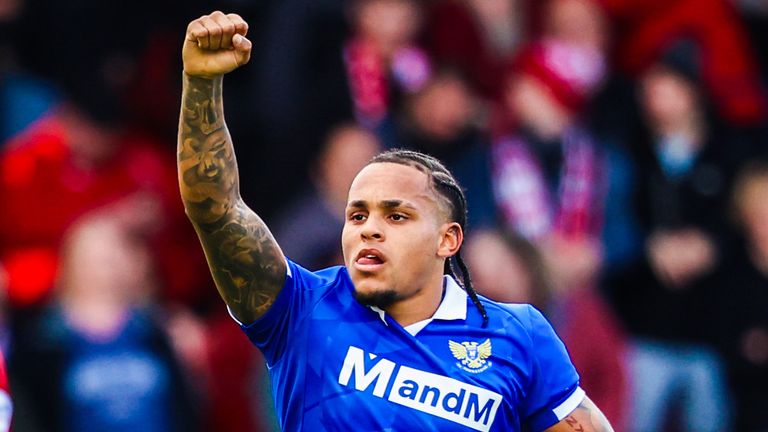 St Johnstone's Josh Fowler celebrates after scoring a penalty to make it 1-0.