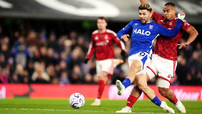 Julio Enciso equalises for Ipswich after pouncing on an error from Nottingham Forest's Nikola Milenkovic