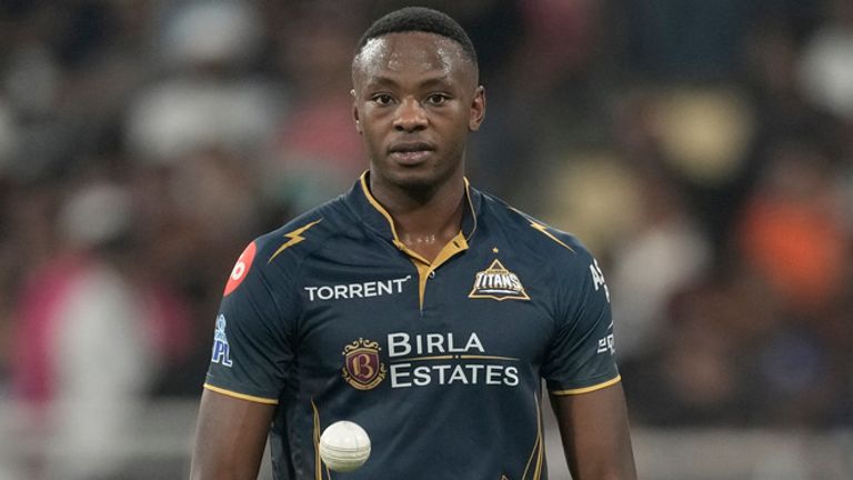 Gujarat Titans' Kagiso Rabada gets ready to bowl with a replacement ball during the Indian Premier League cricket match between Gujarat Titans and Rajasthan Royals in New Chandigarh, India, Friday, May 29, 2026. (AP Photo/Ashwini Bhatia)