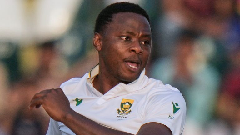 South Africa's Kagiso Rabada celebrates after taking the wicket of Pakistan's Mohammad Rizwan during the first day of the second test cricket match between Pakistan and South Africa, at the Rawalpindi Cricket Stadium, in Rawalpindi, Pakistan, Monday, Oct. 20, 2025. (AP Photo/Anjum Naveed)