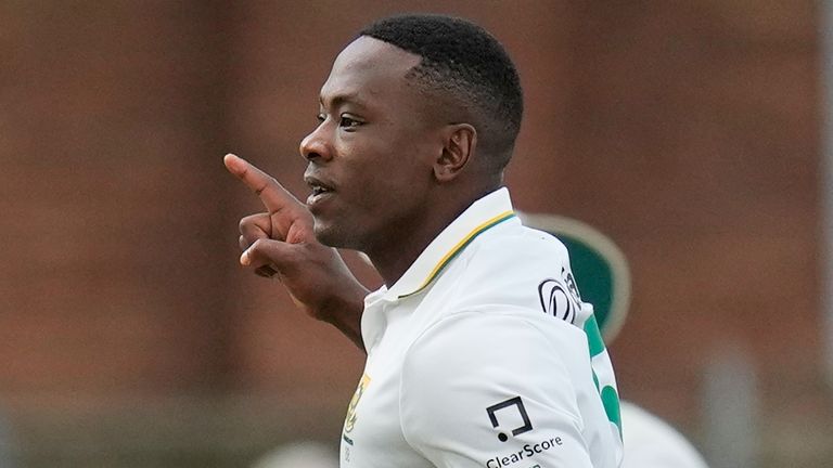 Kagiso Rabada celebrates the wicket of Australia's Mitchell Starc (AP Photo/Themba Hadebe)