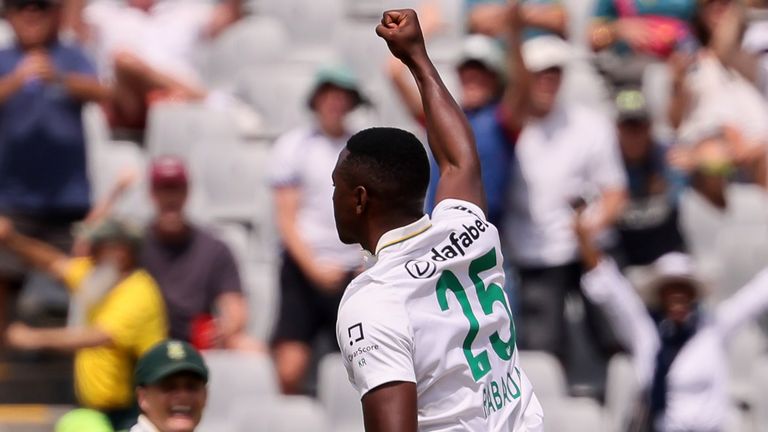 South Africa's Kagiso Rabada celebrates the wicket of Australia's Travis Head (AP Photo/Halden Krog)