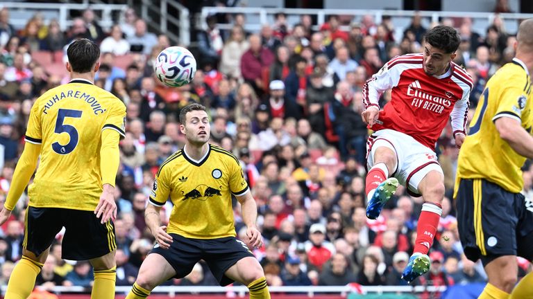 Arsenal's Kai Havertz heads at goal