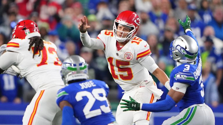 Kansas City Chiefs quarterback Patrick Mahomes (15) struggled as the Seattle Seahawks claimed victory