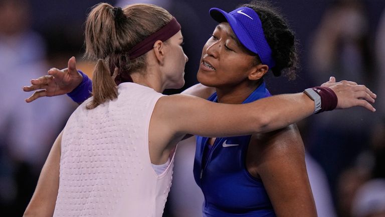 Karolina Muchova hugs Naomi Osaka after winning a brilliant contest at the China Open