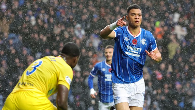 Rangers' Kevin Kelsy celebrates scoring their opening goal