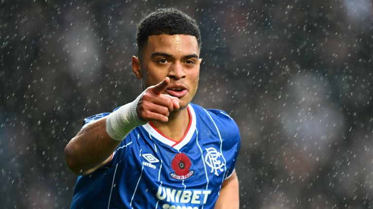 Rangers' Kevin Kelsy celebrates after scoring to make it 1-0