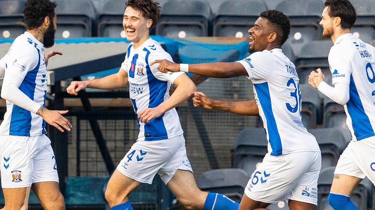 Kilmarnock's Cathal McCarthy celebrates with team-mates after scoring to make it 1-0