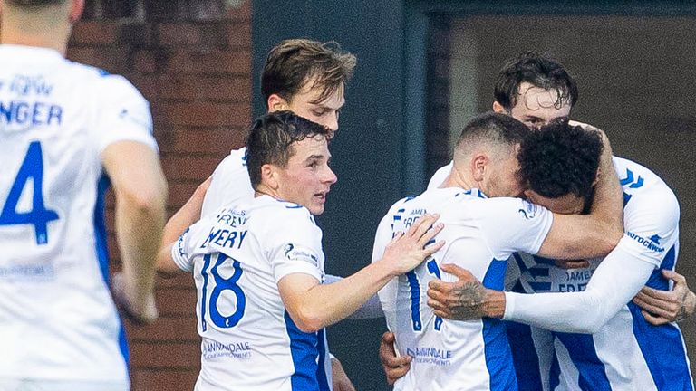 Kilmarnock's Cathal McCarthy celebrates with team-mates after scoring to make it 1-0