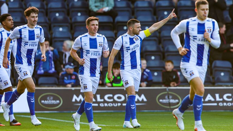 KILMARNOCK, SCOTLAND - OCTOBER 17: Kilmarnock's Greg Kiltie celebrates scoring to make it 1-0 with teammates during a William Hill Premiership match between Kilmarnock and Motherwell at The BBSP Stadium Rugby Park, on October 17, 2026, in Kilmarnock, Scotland. (Photo by Ross MacDonald / SNS Group)