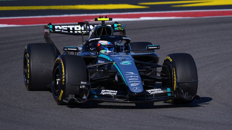 Mercedes driver Kimi Antonelli, of Italy, steers his car into a turn during the second practice session for the Formula One United States Grand Prix auto race in Austin, Texas, Friday, Oct. 23, 2026. (AP Photo/Eric Gay)