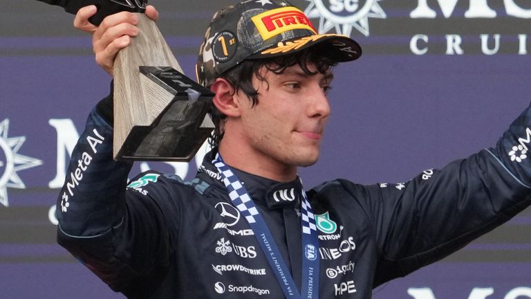 Kimi Antonelli on the podium after victory in Austin