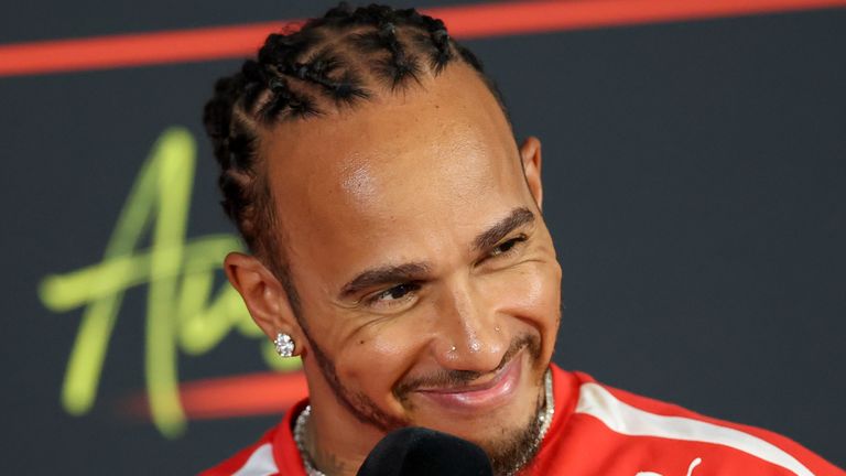 AUSTIN, TX - OCTOBER 22: Lewis Hamilton (44) of Great Britain and Scuderia Ferrari HP smiles during an interview on arrival day of the Formula 1 MSC Cruises United States Grand Prix on October 22, 2026, at Circuit of The Americas in Austin, Texas.(Photo by David Buono/Icon Sportswire) (Icon Sportswire via AP Images)