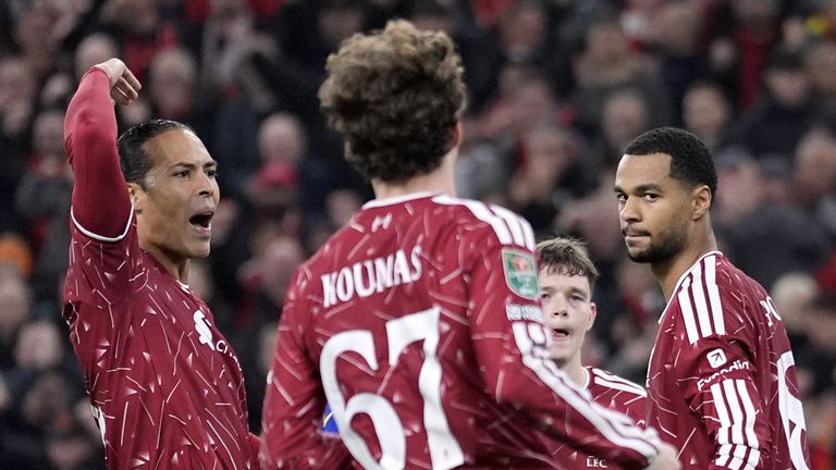 Liverpool celebrate after Cody Gakpo equalises from the spot against Chelsea in the Carabao Cup