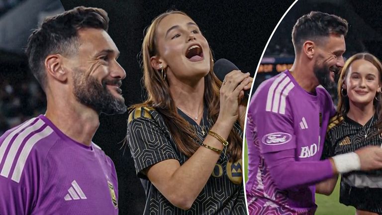 Hugo Lloris watches daughter perform US national anthem.