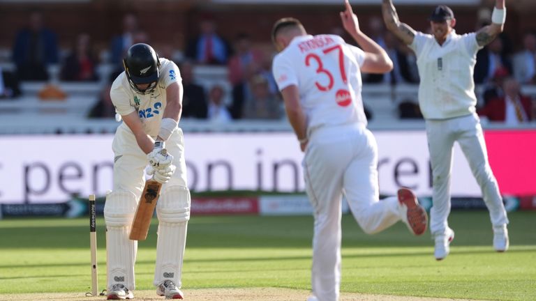 New Zealand's Will O'Rourke is bowled by England's Gus Atkinson on day two of the first Rothesay test match at Lord's,