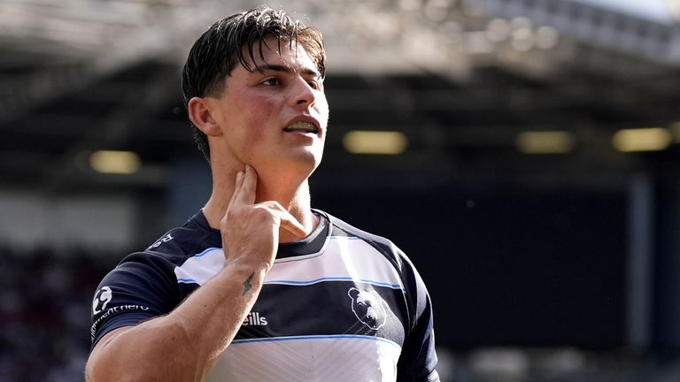 Bristol Bears' Louis Rees-Zammit celebrates scoring a try during the Gallagher PREM match at Ashton Gate.
