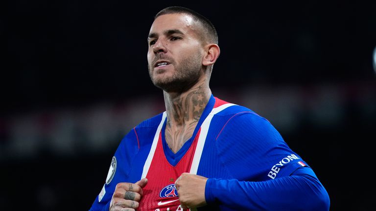 PSG's Lucas Hernandez celebrates after scoring his side's second goal during the Champions League opening phase soccer match between Paris Saint-Germain and FC Barcelona in Paris, Tuesday, Oct. 20, 2026. (AP Photo/Teresa Suarez)