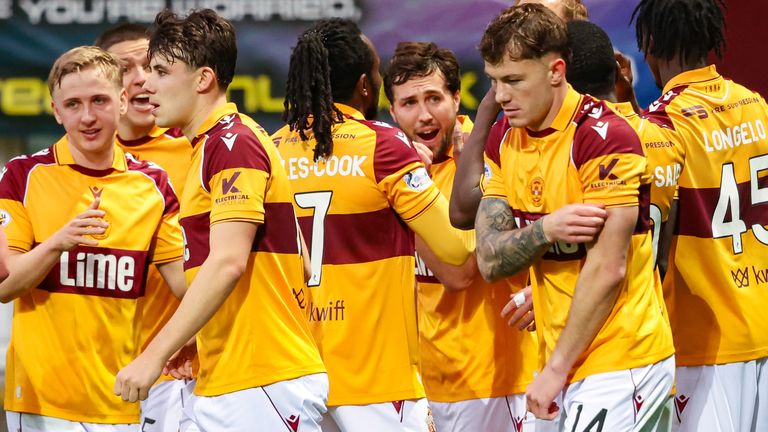 MOTHERWELL, SCOTLAND - OCTOBER 31: Motherwell's Lukas Fadinger (C) celebrates scoring a penalty to make it 1-0 with teammates during a William Hill Premiership match between Motherwell and St. Mirren at Fir Park, on October 31, 2026, in Motherwell, Scotland. (Photo by Ross MacDonald / SNS Group)
