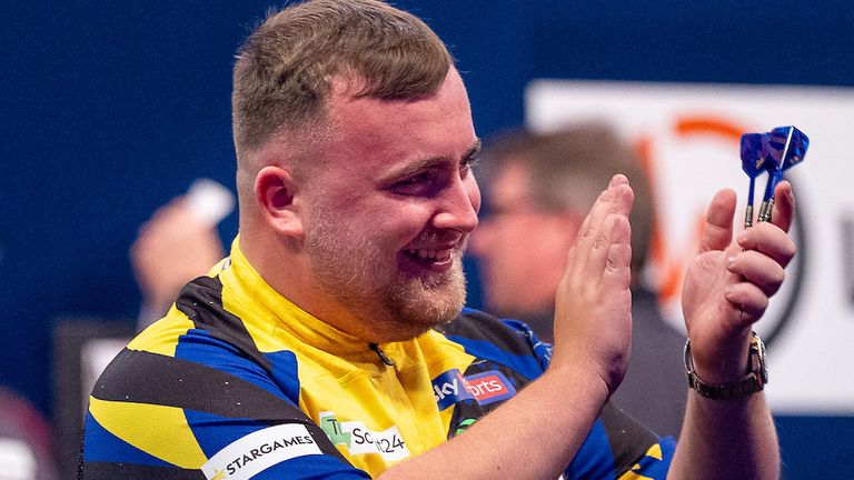Luke Littler celebrates at the European Championship Darts