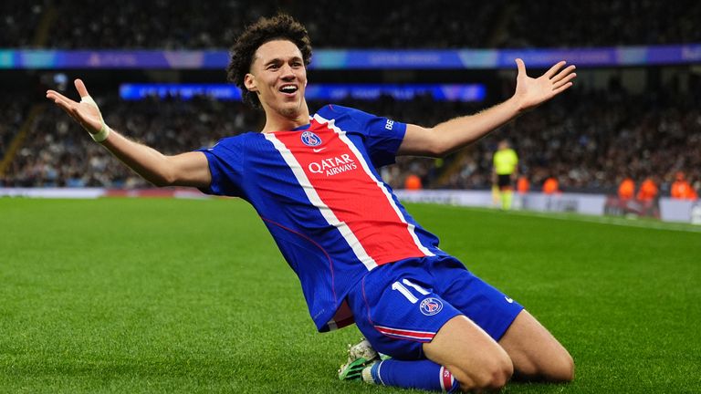 Maghnes Akliouche celebrates after restoring PSG's three-goal lead