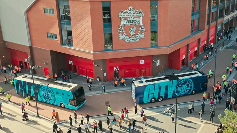Manchester City team coaches arrive at Anfield