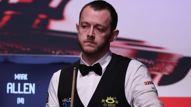 Mark Allen during his match against Wu Yize (not pictured) on day fifteen of the Halo World Snooker Championship 2026 at the Crucible Theatr