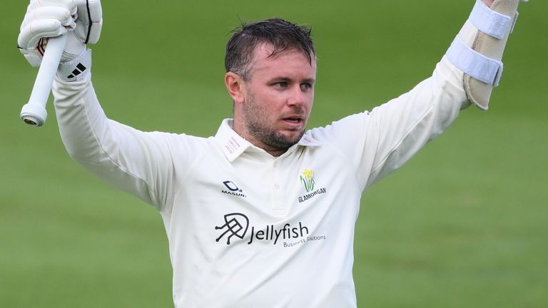 Mason Crane celebrates one of his two centuries for Glamorgan in the County Championship