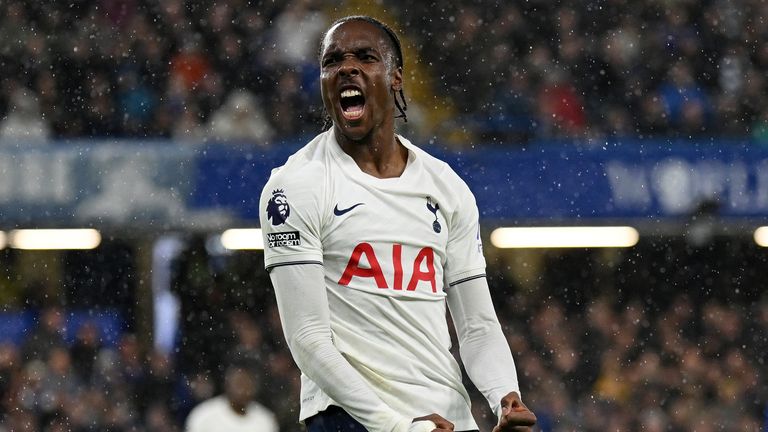 Mathys Tel celebrates after extending Tottenham's lead