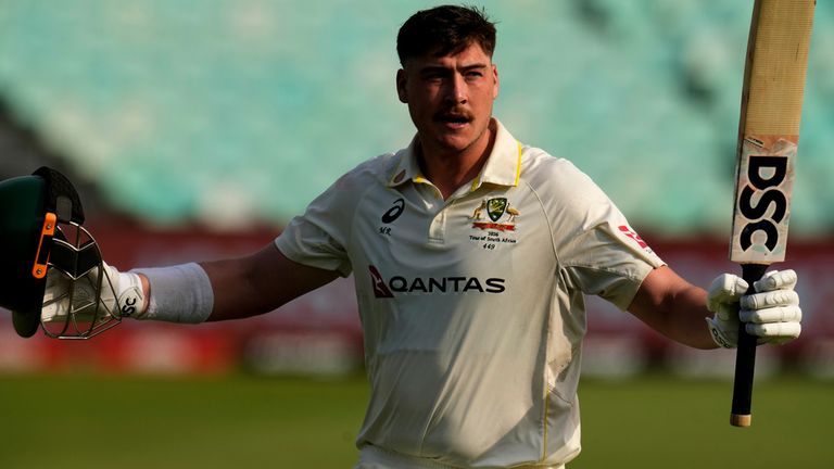 Australia's Matt Renshaw raise his bat and helmet as he leaves the field after being dismissed for 190 runs on day two of the first cricket 