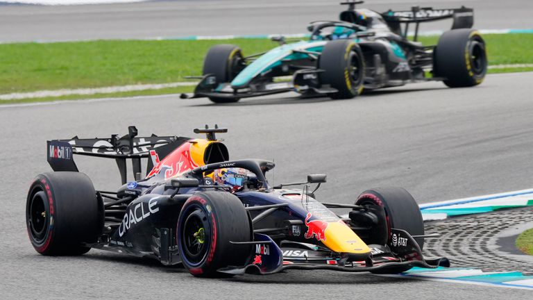 Max Verstappen leading George Russell in the Bahrain Grand Prix in Malaysia