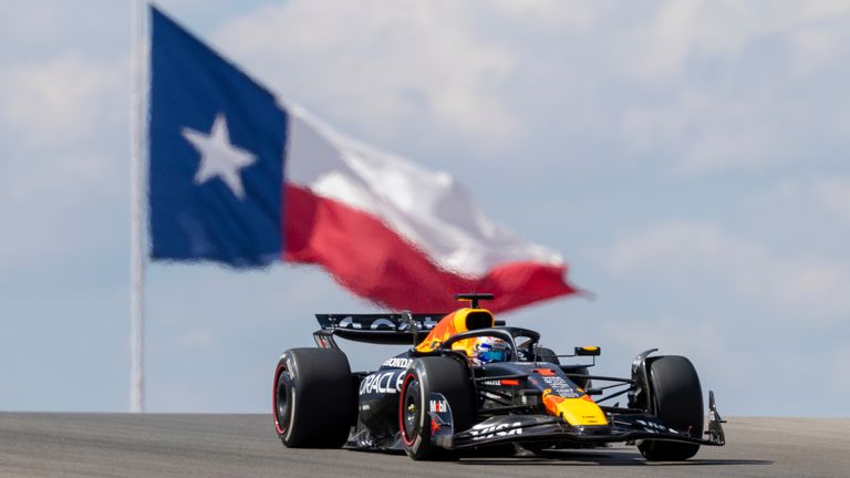 AUSTIN, TX - OCTOBER 17: Max Verstappen of the Netherlands and Team Oracle Red Bull Racing (1) crests the hill in front of the Texas flag during FP1 Friday practice at the United States Formula 1 F1 Grand Prix on October 17, 2025 at the Circuit of The Americas in Austin, TX. (Photo by Bob Kupbens/Icon Sportswire) (Icon Sportswire via AP Images)