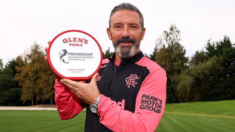 GLASGOW, SCOTLAND - OCTOBER 08: Rangers Manager Derek McInnes wins the William Hill Premiership Manager of the Month award at the Rangers Training Centre, on October 08, 2026, in Glasgow, Scotland. (Photo by Ross MacDonald / SNS Group)