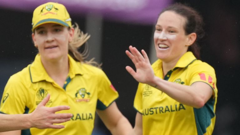 Australia's Annabel Sutherland (left) and Megan Schutt (right) in ODI cricket (Associated Press)