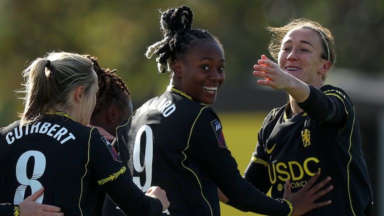 Melvine Malard of Chelsea celebrates scoring her team’s first goal with teammates during the Barclays Women's Super League