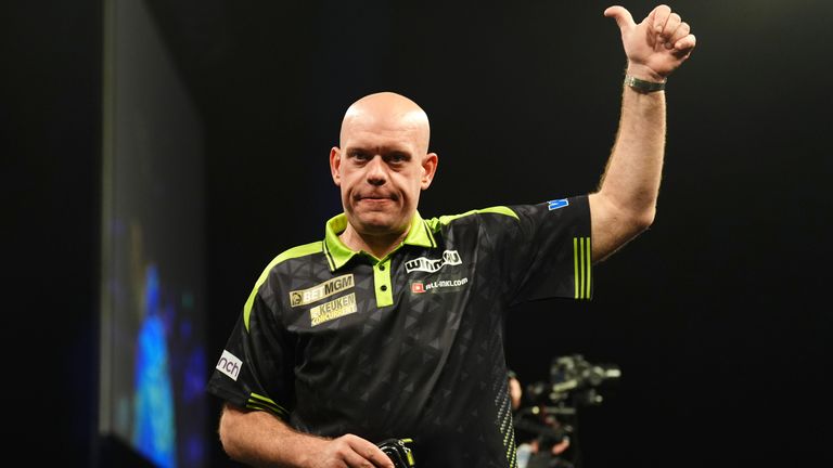 Michael van Gerwen after defeat in his match against Luke Humphries on night thirteen of the BetMGM Premier League 2026 at P&J Live, Aberdee