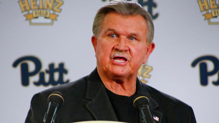 Former NFL coach and University of Pittsburgh alumnus, Mike Ditka speaks at a news conference for the retirement of the number 75 jersey for